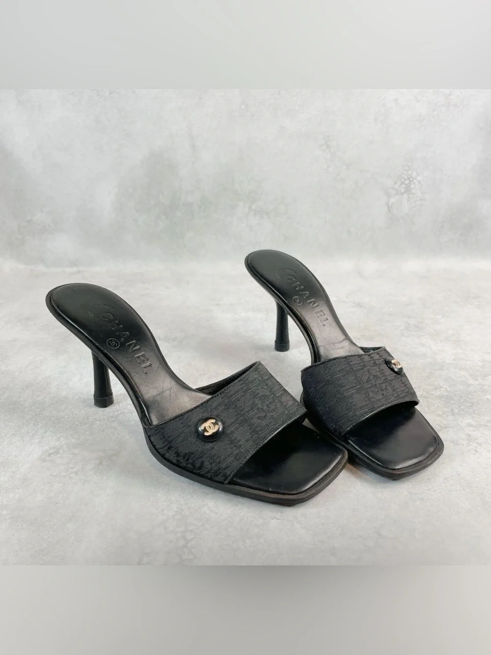 CHANEL Black Heeled Mules Sandals / Size 36.5 / Travel Line COCO / Vintage
